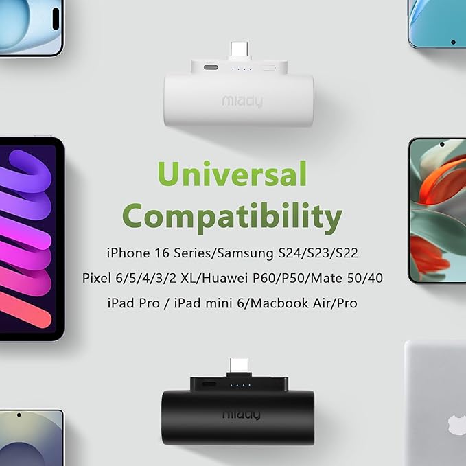 Miady 2-Pack 5000mAh Mini Portable Charger with Built-in Type C Connector, 5V 2.4A USB-C Output Fast Charging Small Power Bank Compatible with iPhone 17/16 Galaxy S24/S22 (Cream Blue+Champagne Pink)