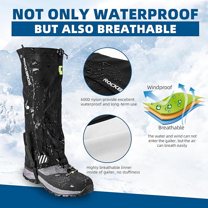 ROCKBROS Snow Boot Leg Gaiters for Hiking Waterproof Leg Gaiter for Skiing Walking Snow Boot Gaiters Tear Resistant Adjustable Gaiters