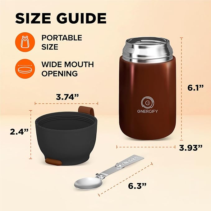 ENERGIFY Vacuum Insulated Food Jar. Large 24oz Bowl incl. Folding Spoon, Cup. Wide Mouth Keep Hot & Cold Drinks Soup Lunch Container for Adults. BPA-Free Stainless Steel, Leak Proof Red Mahogany