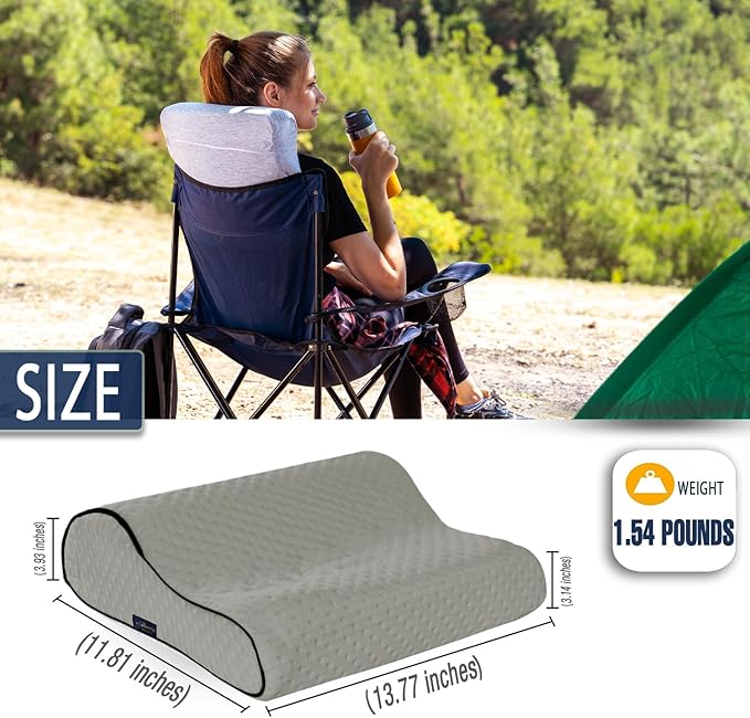 Travel & Camping Comfortable Memory Foam Pillow – Easy to Carry Portable Bag – Temperature Regulating Pillow Case (Grey Contour + Extra Cover)