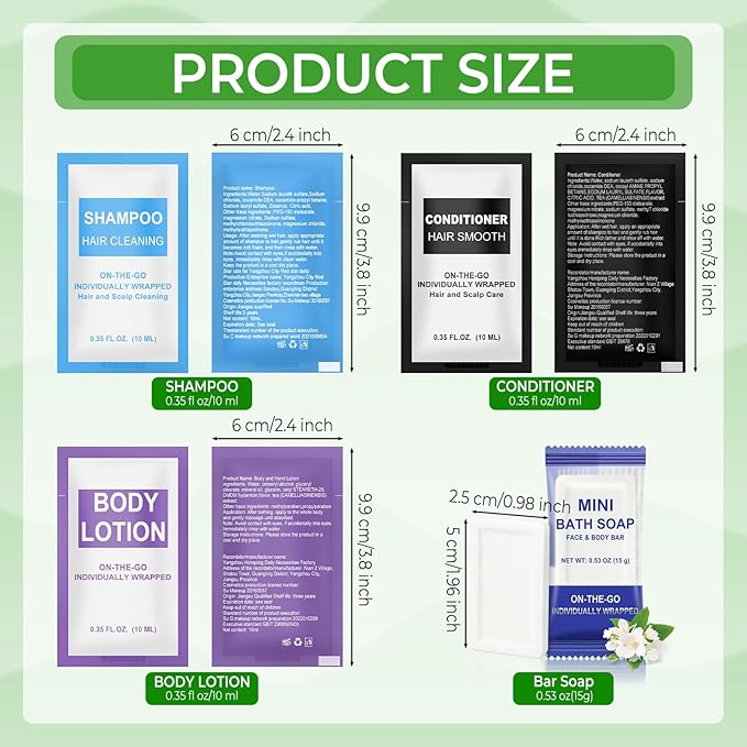 10 Sets 4-IN-1 Hotel Toiletries Bulk Set,40 Pcs 0.35 oz each Packets Shampoo,Conditioner, Body Wash and Lotion Mini Travel Size Toiletries Supplies kit for Guests,Homeless,Motel