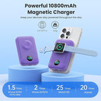 Magnetic Portable Charger for iPhone, 10800mAh 4-in-1 Wireless Power Bank with iWatch Charger, 25W PD Fast Charging Battery Pack for Magsafe, iPhone 16/15/14/13/12 Series, Apple Watch (Purple)