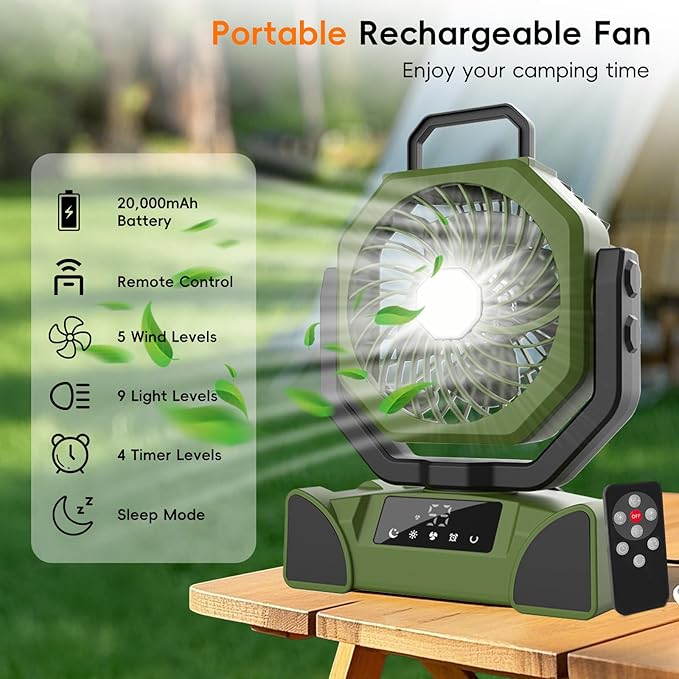 20000mAh Portable Camping Fan, Rechargeable Battery Powered Fan with Remote Control & Oscillating, LED Display, Light, Timer, Rotation, Hanging Hook for Outdoor Camp, Beach, Travel Tent