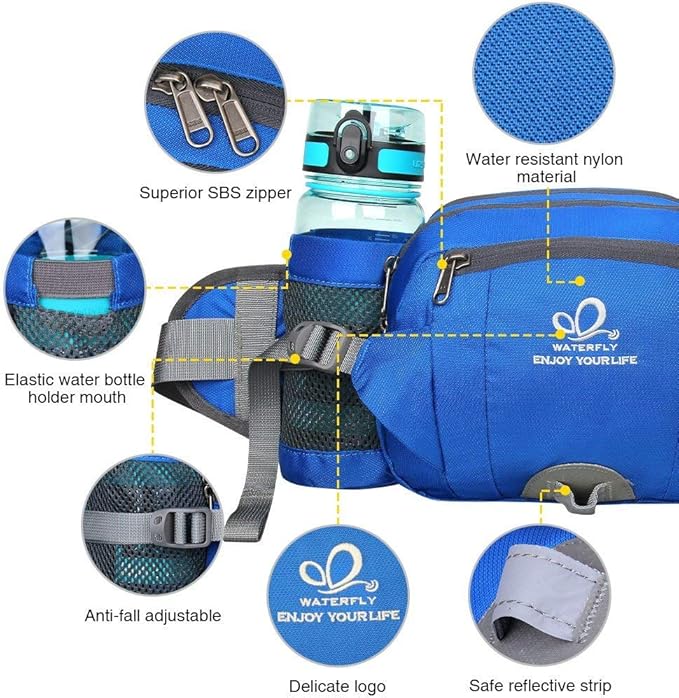 WATERFLY Fanny Pack Waist Bag: Fannie Pack 2 Water Bottle Holders Lumbar Belt Hiking Walking Running Jogging Camping Large Woman Man (Bottle Not Included)
