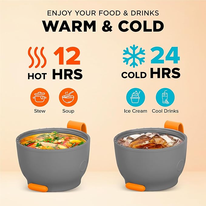 ENERGIFY Vacuum Insulated Food Jar. Large 17oz Bowl incl. Folding Spoon, Cup. Wide Mouth Keep Hot & Cold Drinks Soup Lunch Container for Adults. BPA-Free Stainless Steel, Leak Proof Orange