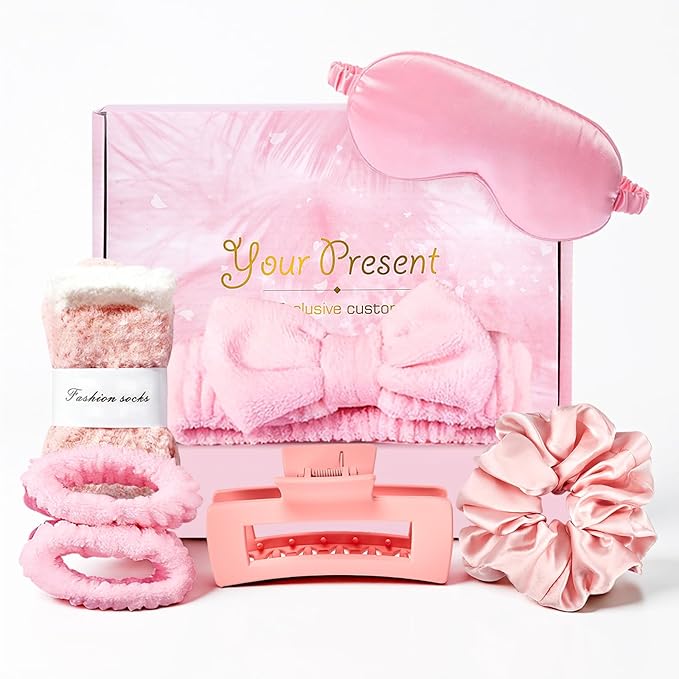 Mini Spa Kit for Girls – Teen Girl Gifts Trendy Stuff Pink Self-Care Box w/Eye Mask, Plush Spa Headband, Fuzzy Socks & Hair Claw, Cute Comfort Party Gifts