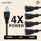 Luxury Office 4 Way Power Splitter - 1 to 4 Outlet Splitter, 6' Long Extension Cord, 3 Prong Plug, Black, SJT 16 AWG
