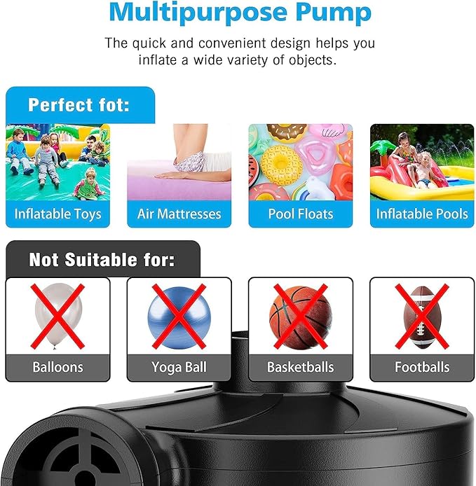 Electric Air Pump for Inflatables,Portable Quick-Fill Air Pump with 3 Nozzles,110V AC/12V DC,Inflator & Deflator Pumps for Outdoor Camping,Air Mattress Beds,Boats,Inflatable Cushion,Couch,Pool Floats
