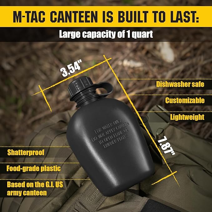 M-Tac Canteen Water Bottle - 1 Quart Water Canteen (34 Oz/1L) - Tactical Water Bottle for Military Hiking Camping Survival (Bottle & Cover Black)