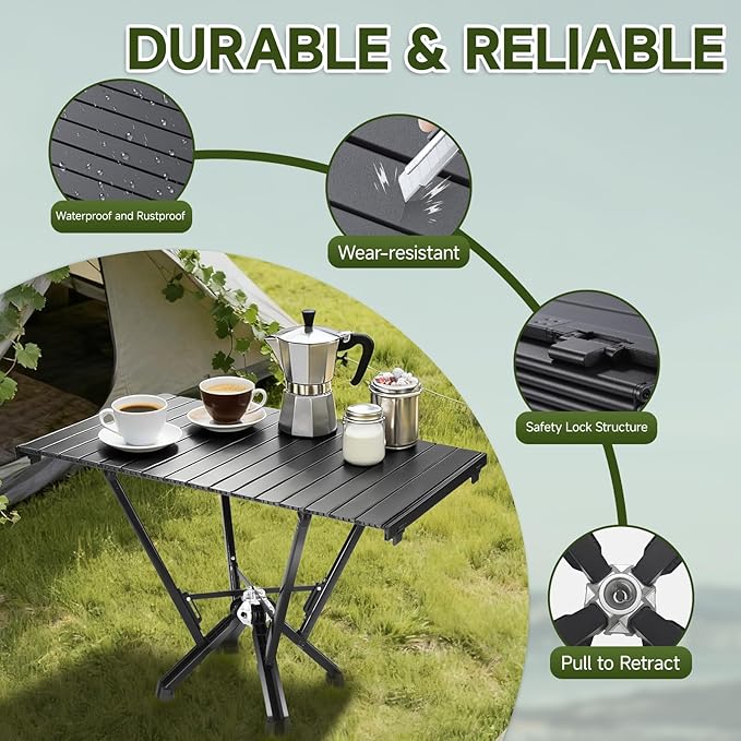 Camping Table Folding, Small Camping Table with Load 380lbs, Portable Roll up Aluminum Foldable Table with Carry Bag for Outdoor, Picnic, Camping, Black
