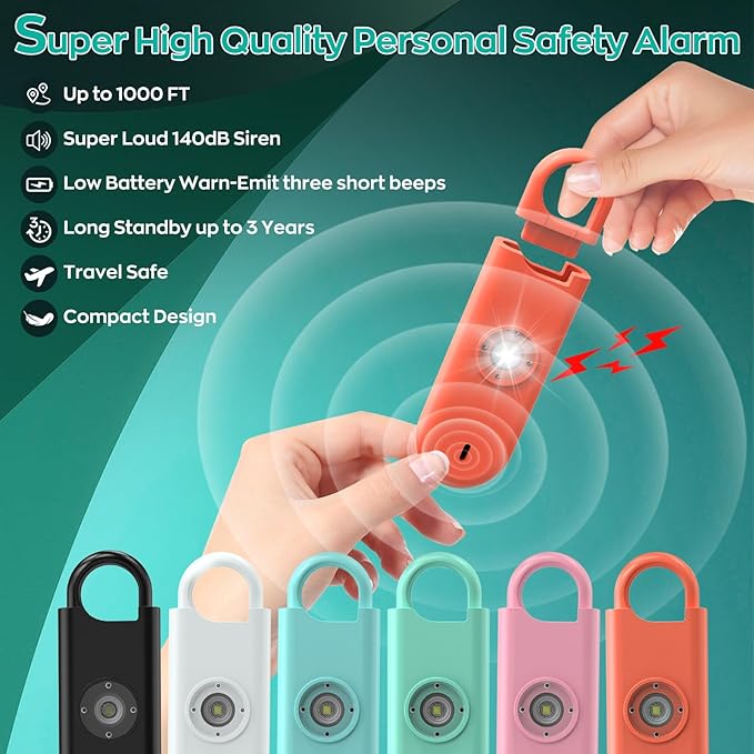 Fauxomor 140dB Personal Safety Alarm for Women, 3 Pack Safe Alarm Protection Keychain with Strobe Light & Low Battery Notice, Security Siren Self Defense for Seniors College Girls, Pink+Orange+Black