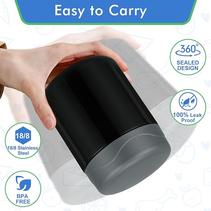 12oz 2 Pack Insulated Food Jar Set for Kids Soup Thermo Hot Food Lunch Container Wide Mouth Leak Proof Stainless Steel Vacuum Bento Box for School Office Travel Outdoors