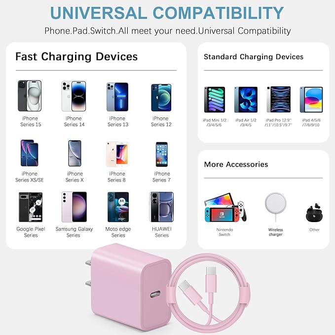 10FT iPhone 17 16 15 Charger Fast Charging USB C Charger Block Type C Chagrer Fast Charging 2-Pack for iPhone 17/17 Plus/17 Pro/17 Pro Max/iPhone 16/16 Plus/16 Pro/16 Pro Max/15/15 Pro Max/(Pink)