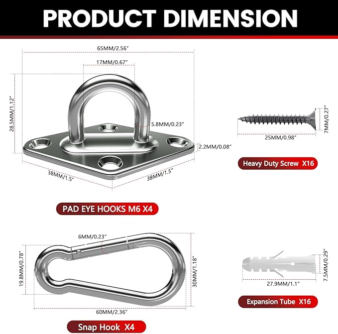 sprookber 304 Stainless Steel Pad Eye Snap Hooks, M6 Heavy Duty Ceiling Hooks, 800 lb Capacity Hammock Swing Hanging kit, Plant Hangers, Marine Hardware Staple Hook Loop with Screws, Set of 8
