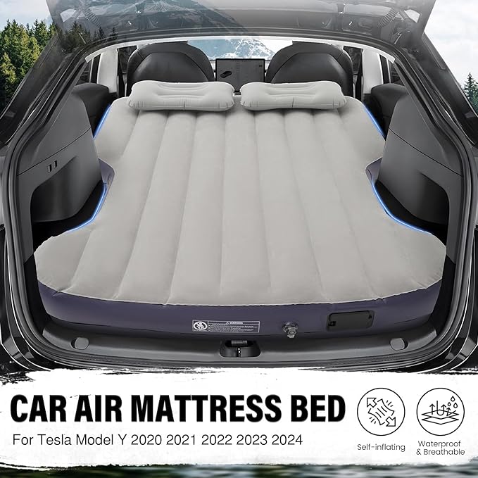 Self-Inflating Car Air Mattress for Tesla Model Y 2025 2024-2020/Model Y Juniper Outdoor Camping Air Bed with 2 Pillows Built-in Pump Air Couch Mat Flocking Air Cushion Model Y Accessories(Beige&Blue)