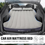 Self-Inflating Car Air Mattress for Tesla Model Y 2025 2024-2020/Model Y Juniper Outdoor Camping Air Bed with 2 Pillows Built-in Pump Air Couch Mat Flocking Air Cushion Model Y Accessories(Beige&Blue)