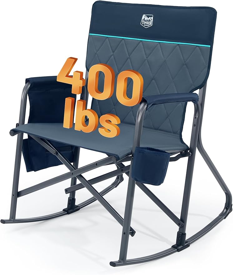 TIMBER RIDGE Folding Oversized Rocking Camping Chair, 400lbs Capacity Portable Outdoor Rocker with Hard Armrests, Cup Holder & Side Pocket, Quick-Fold Design for Outdoor, Patio, Lawn, Blue