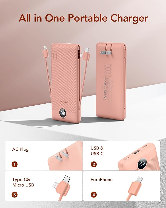 VEGER Portable Charger for iPhone Built in Cables and Wall Plug, 10000mah Slim Fast Charging USB C Power Bank, Travel Essential Battery Pack Compatible with iPhones, iPad, Samsung More Devices(Pink)