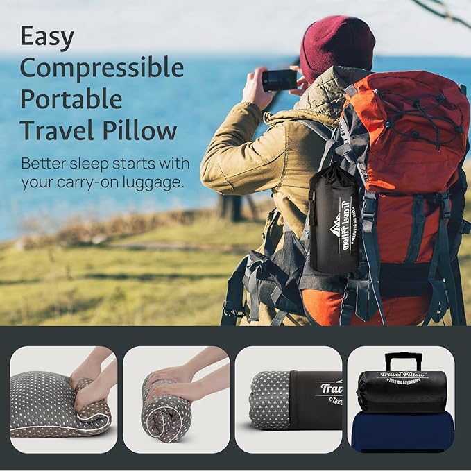 fulocean Small Cooling Memory Foam Travel Pillows for Airplanes, Compressible Camping Pillow, Adjustable Gel Shredded Foam Bed Pillow for Medium Firm Neck Knee Support, Ideal Sleeping,Car,Backpacking