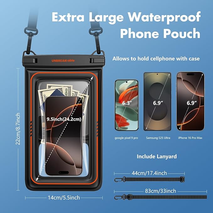 UNBREAKcable [UP to 9.5"]XL Size EXTRA Large Waterproof Phone Pouch Floating IPX8 Phone Case Dry Bag for iPhone 17 Air 16 15 14 Pro Max Samsung S25 Ultra, Travel Kayaking Beach Essentials - 2 Pack
