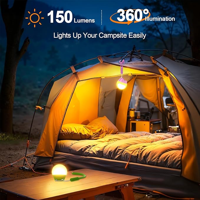 LETMY Rechargeable Camping Lights, 2 Pack Portable tent lights With 4 Lighting Modes, 150LM LED Camping Lantern, Only 20g Hanging Tent Lantern With Silicone Lanyard for Kids Hiking Backpacking Outages