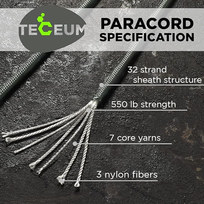 TECEUM 5/32" Paracord Rope 1000 – 1000ft / 200ft / 100ft / 50ft – Tactical Parachute Cord 4mm – 45+ Colors – Nylon String for Survival & Camping Gear – Stripe Cord for Survival – Utility Rope