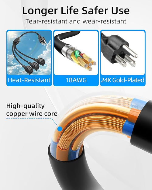 18AWG 3 Prong Extension Cord Splitter, NEMA 5-15P to 5-15R 3 Way Extension Power Outlet Splitter Cable for Home,Room,Office(1M/3.2FT)