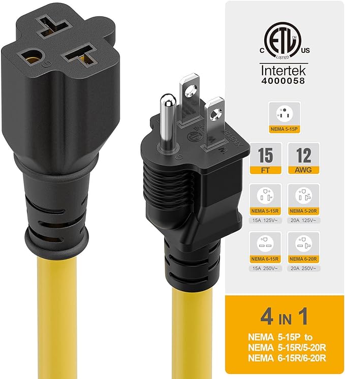 [15-Feet] NEMA 5-15P to 5-15R/ 5-20R/ 6-15R/ 6-20R AC Adapter, Plugrand 12AWG 15 Amp Household AC Plug to 20 Amp T Blade Adapter Cable, 15A 125V to 20A 250V Extension Cable, 15FT