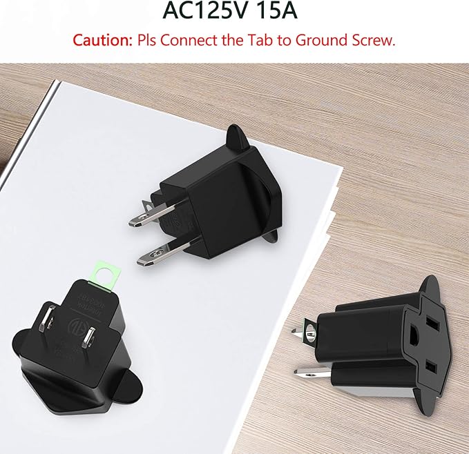 ETL 3 Prong to 2 Prong Adapter Polarized Grounding Converter JACKYLED 3-Prong Adapter Converter Fireproof Material 392℉ Resistant Heavy Duty for Wall Outlets, Electrical, Household, Black, 2 Pack