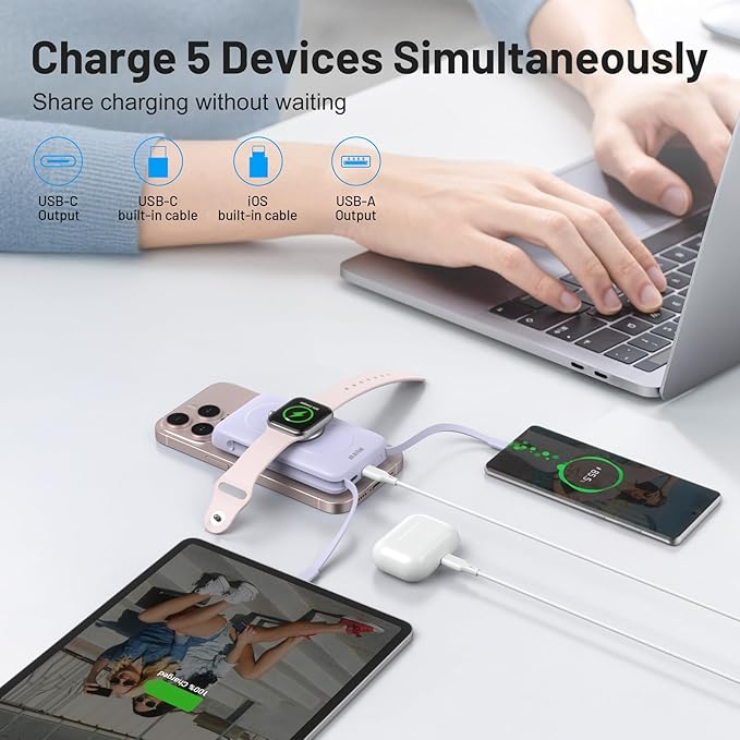 BLAVOR for Magsafe Portable Charger with Built-in Cables, PD 20W Fast Charging,10000mAh Magnetic Wireless Power Bank, Battery Pack with Stand for iPhone 15/14/13/12,Powerbank for Apple Watch(Purple)