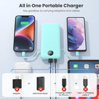 Portable Charger 13800mAh Slim USB C Power Bank with Built in Cables and Wall Plug,LCD Display Lightweight Travel Battery Pack,PD Fast Charging Compatible with iPhone 15,14,Samsung Android-Green