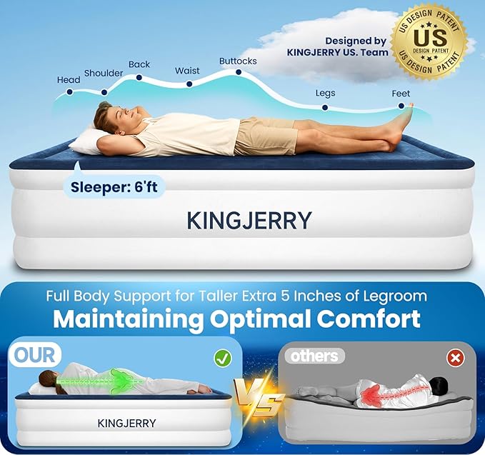 KINGJERRY Twin XL Air Mattress with Built-in Pump, 18" Raised Comfort, Upgraded 80" Length, Dual-Layer Leakproof, Support 500 lbs, 2 Min Inflation, Inflatable Blow-up Bed for Home Camping Guests