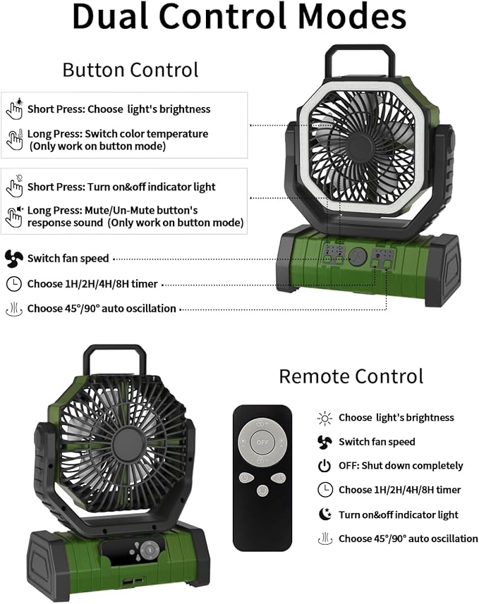 ADUST Camping Battery Powered Fan with LED Light 20000mAh Rechargeable Portable, Oscillating Cordless USB Desk Fan with Rotation Hanging Hook for Tent, Canopy, Beach, Outdoor Travel(Green)