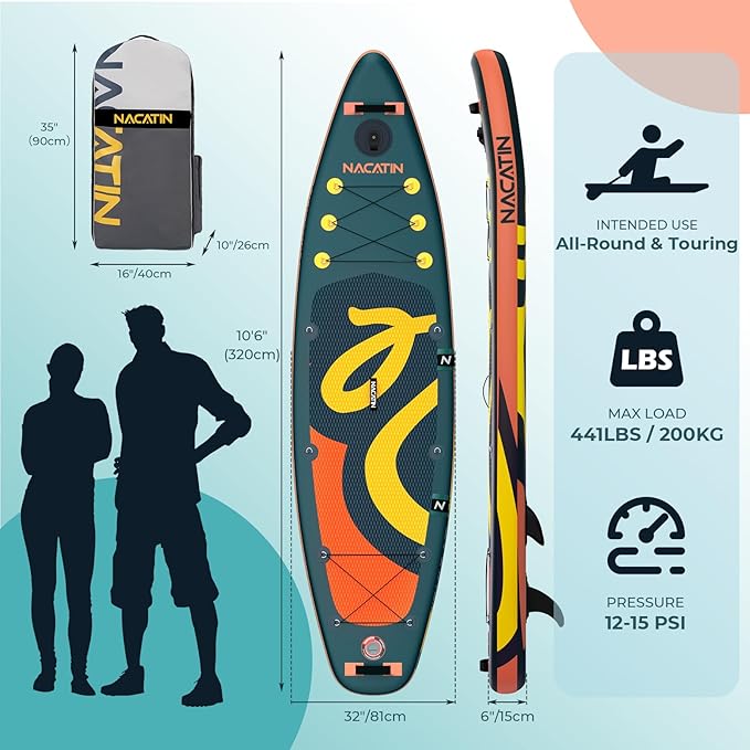 NACATIN Inflatable Stand Up Paddle Board with Kayak Seat,10'6"Upgrade Version Blow Up Paddle Boards for Adults with Premium SUP Accessories&Backpack,Adjustable Paddle,Camera Mount,Fins,Hand Pump