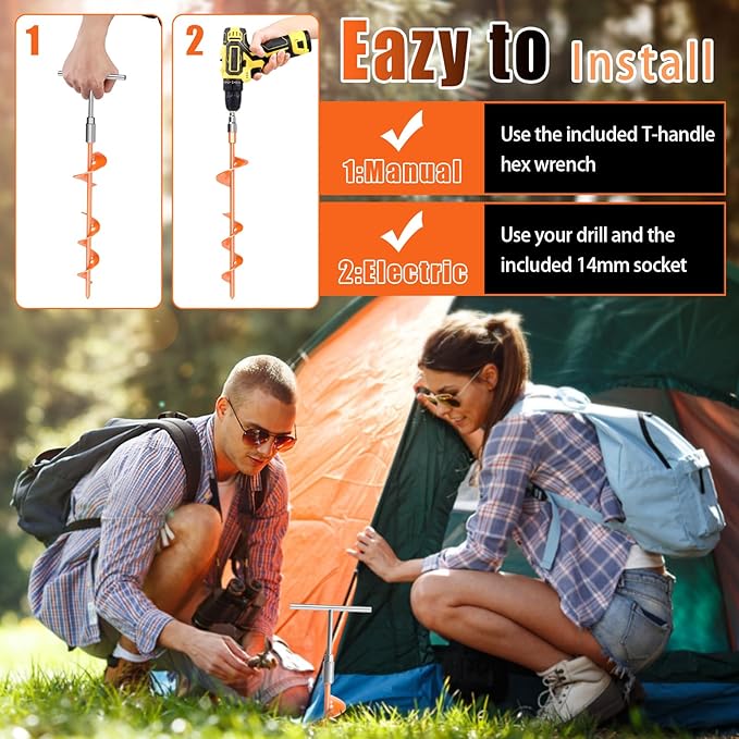 Eazy2hD 6 Pack Tent Stakes Heavy Duty, 15 Inch Ground Anchors Screw in, Metal High Winds Trampoline Stake with Nut and Tool, Spiral Anchor Kit for Camping, Shed, Swing Set, Canopy, Car Ports