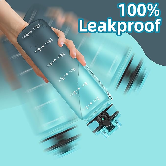 OLDLEY 32 oz Water Bottle, Motivational Water Bottle with Time Marker, Sports Water Bottle With Strap, Leakproof & BPA Free Large Water Bottles for School, Gym, Travel, Outdoor, Tritan,Blue&Gray