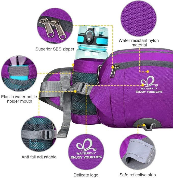WATERFLY Fanny Pack Waist Bag: Fannie Pack 2 Water Bottle Holders Lumbar Belt Hiking Walking Running Jogging Camping Large Woman Man (Bottle Not Included)