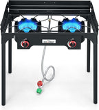 High Pressure Double Propane Burner With Windscreen Outdoor Camping Stove with 0-20 PSI Adjustable Regulator and Steel Braided Hose SA2510 (Two Burner Stove With Windscreen)
