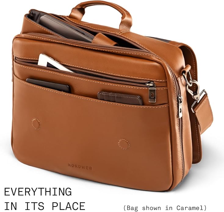 Nordweg Workday Briefcase NW053B – Full-Grain Leather Laptop Bag 15.6" – Office Shoulder Messenger for Work, Study, Travel