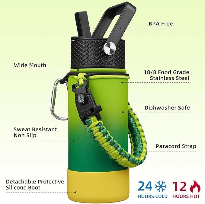BJPKPK Water Bottle with Straw Lid, 18oz Insulated Water Bottles with 3 Lids, Paracord Handle & Non-slip Boot,Stainless Steel Metal Thermo,BPA Free Leak Proof Tumblers,Bamboo Grove