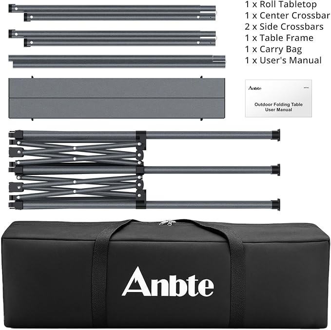 Heavy-Duty Camping Table Support 264lbs, 48” x 23.6” Large Roll Up Camping Table for 6-8 People with Carry Bag, Waterproof, Portable, for Backyard BBQ Tailgating Picnic Party, Black