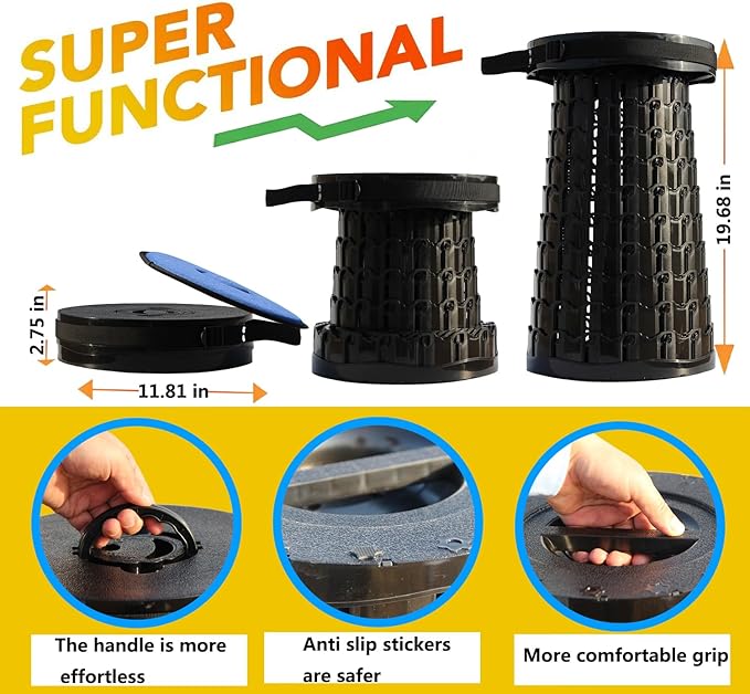 ALEVMOOM Upgraded 19.7" Collapsible Stool Portable,1000lbs Max Weight-Heavy Duty, Retractable Folding Stool with Cushion for Adults for Outdoor Fishing Hiking BBQ