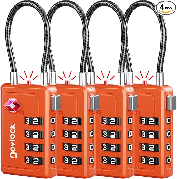 Luggage Locks TSA Approved with Inspection Indicator and Resettable 4-Digit, Easy-to-Read Combination, TSA Locks for Luggage, Suitcases, Backpacks & Travel Bags, Orange, 4-Pack