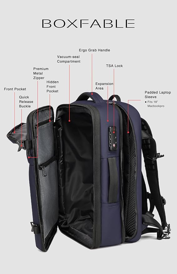 Vacuum Seal Travel Backpack 45L with Pump - Expandable Air Compression System, Water-Resistant Business TSA Lock, Laptop Backpack, Carry-On Suitcase Luggage, Gifts for Men
