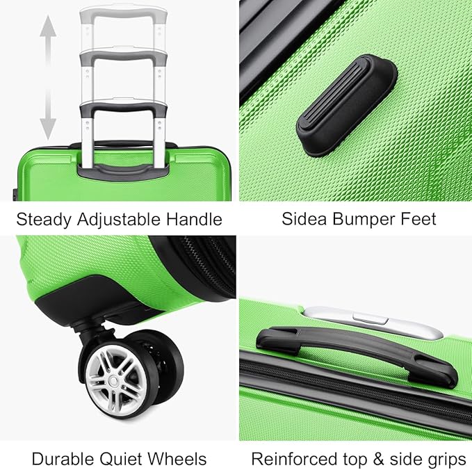 Kono 4 Piece Luggage Sets Expandable(only 28") Lightweight with Spinner Wheels TSA Lock Hardside Travel Rolling Suitcases 20in 24in 28in Carry on and 12in Mini Cosmetic Case Apple Green