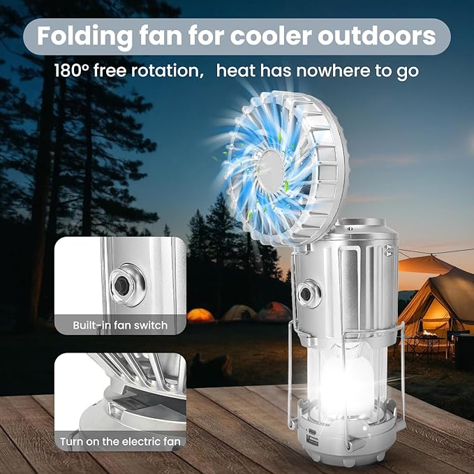 Solar Camping Lantern with Fan, Collapsible USB Rechargeable & Battery Powered Emergency Hanging Lights for Camping Tent Hurricanes Power Outages Storm Indoor Outdoor (Upgraded, 1 Pack)