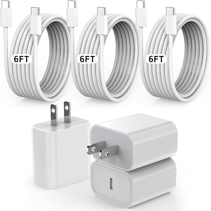 iPhone 16/15 Charger Fast Charging,3Pack 20W PD Type C Port Fast Charging Wall Plug 6FT Long USB C to C Woven Cable USB-C Charger for iPhone 16 Pro Max /15 Plus,iPad Pro 12.9/11,Air 5/4, Mini,AirPods