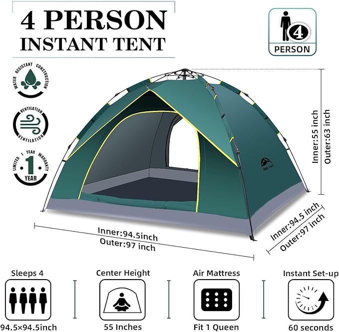 Happy Travel 1/2/3/4 Person Camping Tent, Instant Easy Pop Up Tents for Camping,Automatic Waterproof Family Camping Tent, Easy Set Up Tent,Portable Windproof Dome Tent for Camping Hiking & Traveling