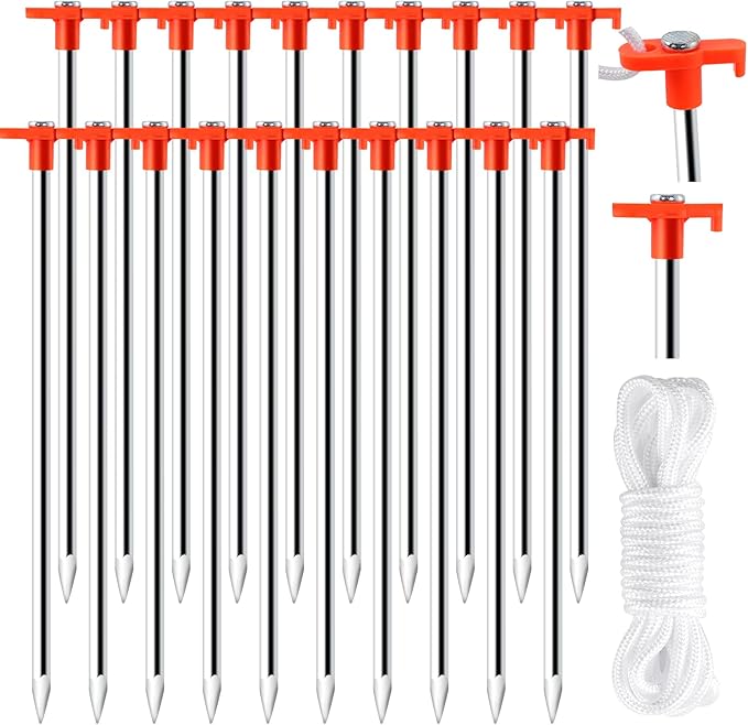 Tent Stakes,20 Pack Non-Rust Camping Family Tent Pop Up Tent Stakes,Heavy Duty Metal Tent Pegs,Steel Ground Stakes,Camping Stakes Canopy Stakes for Outdoor Camping Canopy and Tarp,with 8x10FT Ropes