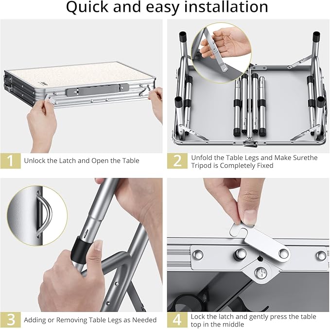 Folding Camping Table, Aluminum 24" x 16" Adjustable Height Small Folding Table with Carrying Handle, Lightweight, Portable Camping Table Waterproof for Outdoor Indoor Picnic Beach BBQ, Silver